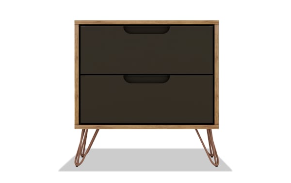 Melton Oak & Gray 2 Drawer Nightstand with mid-century modern design, MDF and metal construction, splayed metal legs, and spacious gray drawers.