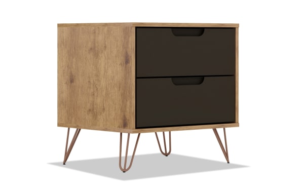 Melton Oak & Gray 2 Drawer Nightstand with mid-century modern style, MDF wood, metal splayed legs, and two spacious gray drawers for versatile bedroom or living room storage.