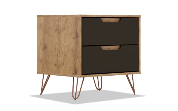 Melton Oak & Gray 2 Drawer Nightstand with mid-century modern style, MDF wood, gray drawer fronts, and angled metal legs for bedroom or living room storage.