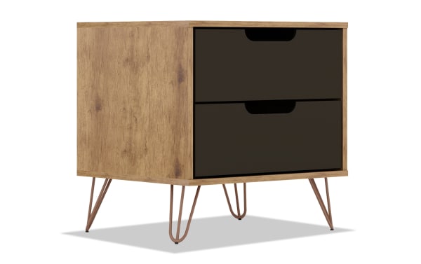 Melton Oak & Gray 2 Drawer Nightstand with mid-century modern style, MDF wood, metal splayed legs, and two gray storage drawers.