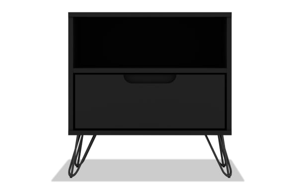Melton Black Nightstand with Drawer in mid-century modern style, featuring black MDF body, splayed metal legs, one drawer, and open shelf for versatile bedside or living room storage.
