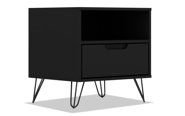 Melton Black Nightstand with Drawer in mid-century modern style, featuring black MDF body, splayed metal legs, one drawer, and open shelf for versatile bedside or living room storage.