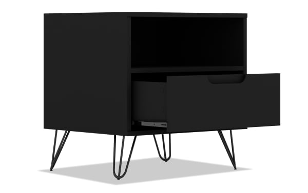 Melton Black Nightstand with Drawer, mid-century modern style MDF and metal bedside table with splayed metal legs, one drawer, and open shelf for storage.