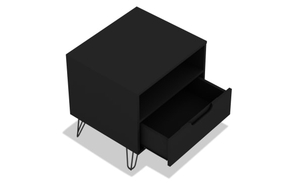 Melton Black Nightstand with Drawer in mid-century modern style, featuring black MDF body, splayed metal legs, one open shelf, and one pull-out drawer for versatile bedside or living room storage.