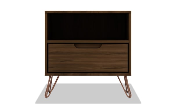 Melton Brown Nightstand with Drawer from Melton collection, mid-century modern MDF wood with metal splayed legs, one drawer and open shelf storage.