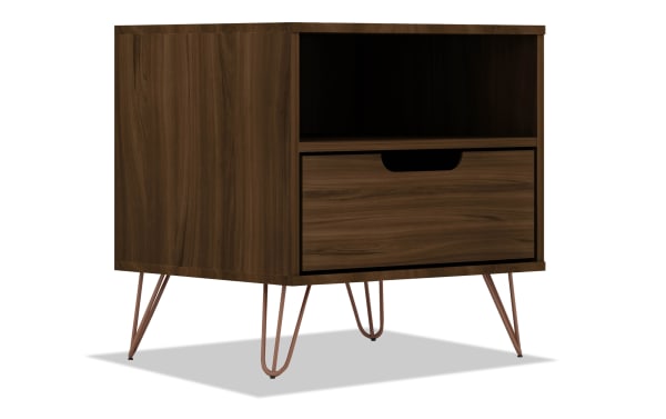Melton Brown Nightstand with Drawer from Melton collection, mid-century modern MDF wood with warm brown finish, metal splayed legs, one drawer and open shelf for bedside or living room storage.