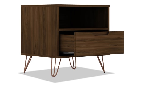 Melton Brown Nightstand with Drawer from Melton collection, mid-century modern MDF wood with splayed metal legs, one drawer and open shelf for versatile bedroom or living room storage.