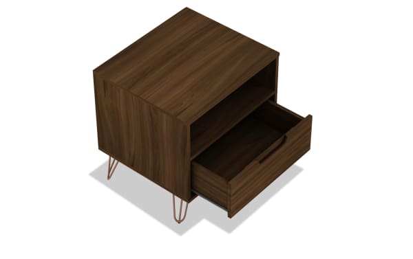 Melton Brown Nightstand with Drawer from Melton collection, mid-century modern MDF wood with splayed metal legs, one drawer and open shelf for bedside or living room storage.