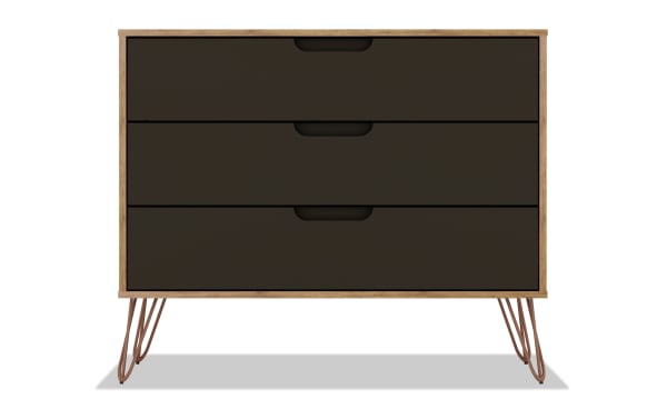 Melton Oak & Gray 3 Drawer Dresser with mid-century modern style, MDF and metal construction, gray drawer fronts, oak frame, and angled metal legs.