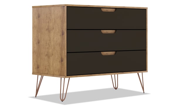 Melton Oak & Gray 3 Drawer Dresser in mid-century modern style with oak MDF frame, gray drawer fronts, metal splayed legs, and cutout handles for bedroom storage.