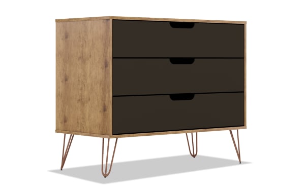 Melton Oak & Gray 3 Drawer Dresser with mid-century modern design, MDF body, metal hairpin legs, and cutout handles for stylish bedroom storage.