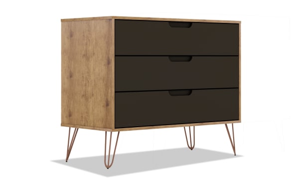 Melton Oak & Gray 3 Drawer Dresser with mid-century modern style, MDF and metal materials, splayed metal legs, and cutout handles for bedroom storage.