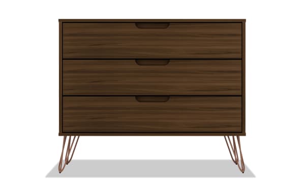 Melton Brown 3 Drawer Dresser in mid-century modern style with dark wood MDF finish, metal splayed legs, and cutout drawer handles for stylish bedroom storage.