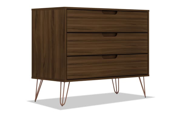 Melton Brown 3 Drawer Dresser in mid-century modern style with walnut MDF finish, metal splayed legs, and cutout drawer handles for stylish bedroom storage.
