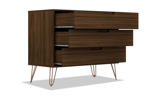 Melton Brown 3 Drawer Dresser from Melton collection, mid-century modern style with brown MDF wood, metal splayed legs, and cutout drawer handles.