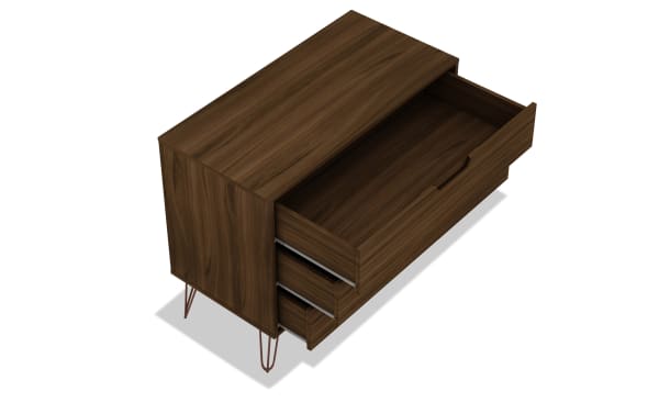 Melton Brown 3 Drawer Dresser in mid-century modern style with dark wood MDF finish, metal splayed legs, and cutout handles for bedroom storage.