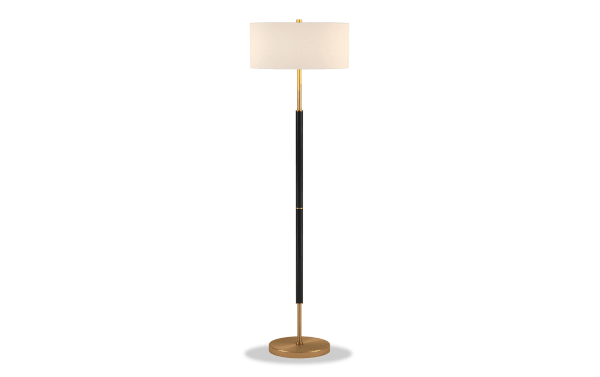 Harriet 61.5'' Brass Floor Lamp with beige linen chiffon shade, black and brass metal frame, glam style, sleek and understated design for elegant lighting.