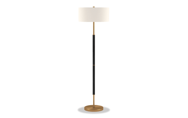 Harriet 61.5'' Brass Floor Lamp with beige linen drum shade, black and brass metal frame, glam style, sleek and understated design for modern decor.