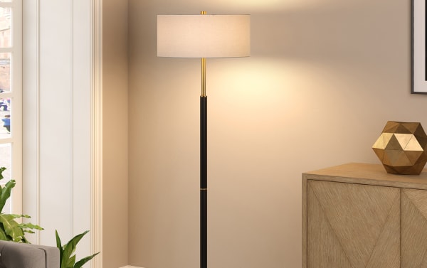 Harriet 61.5'' Brass Floor Lamp with beige linen chiffon shade, black and brass metal frame, glam style for elegant living spaces.