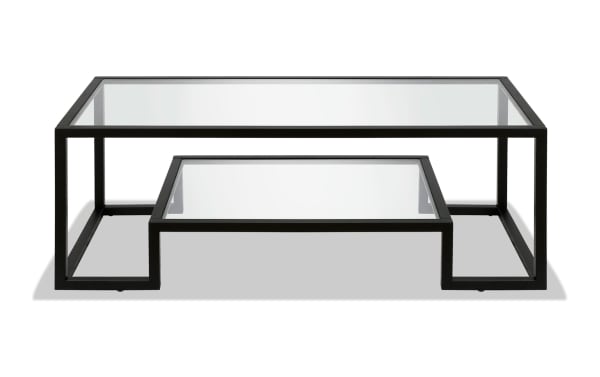 Hurley Blackened Bronze Coffee Table with tempered glass top and shelf, geometric steel frame in glam blackened bronze finish for modern decor.