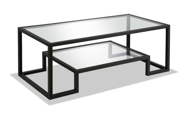 Hurley Blackened Bronze Coffee Table with tempered glass top and shelf, geometric black steel frame, glam style for contemporary living rooms.