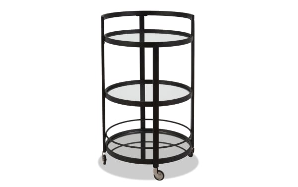 Contemporary Constance Blackened Bronze Bar Cart with three tempered glass shelves, sturdy railings, and smooth-rolling casters for easy mobility.