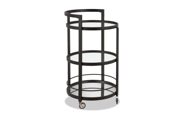 Contemporary Constance Blackened Bronze Bar Cart with three tempered glass shelves, sturdy railings, and casters for easy mobility.