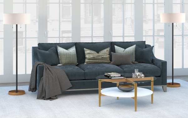 Mid-century modern Connor White Round Coffee Table with tempered glass top, gold steel tapered legs, and white lower shelf in stylish living room setting.
