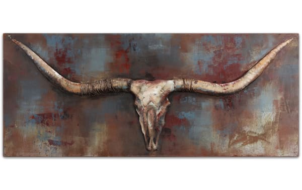 Longhorn Iron Wall Sculpture Art in gray metal features a contemporary iron-crafted longhorn cattle skull with extended horns, ideal for bold home decor.