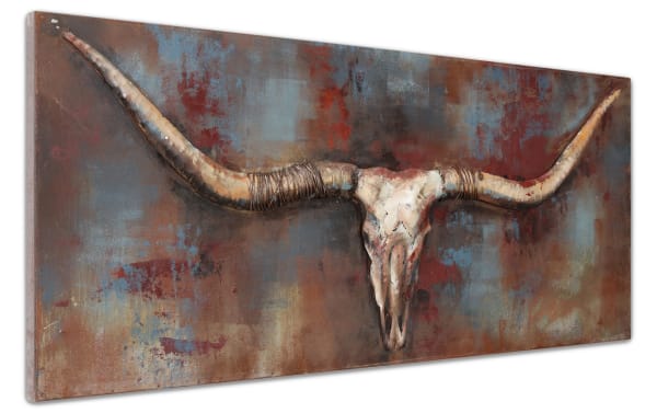 Longhorn Iron Wall Sculpture Art in gray metal, contemporary style featuring a detailed longhorn cattle skull with extended curved horns.