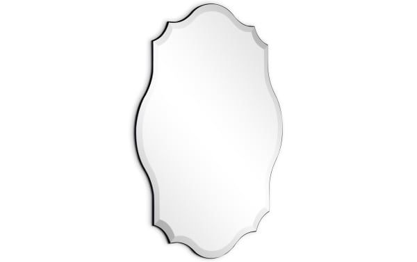 Contemporary Gage Wall Mirror with frameless design, one-inch beveled edge, and smooth curved silhouette in clear reflective glass and MDF backing.