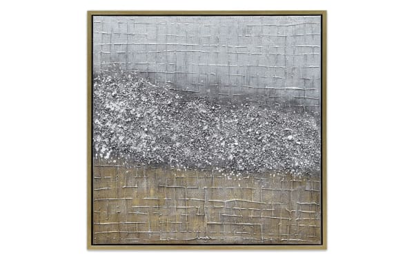 Contemporary 100% handpainted abstract framed art with textured silver and gold glitter design on canvas, wood frame, and PS frame, ready to hang.