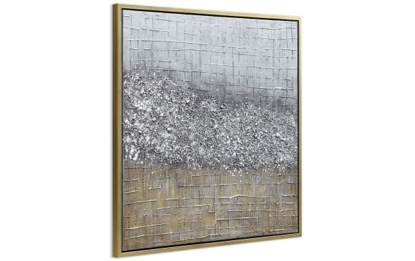 Contemporary 100% handpainted abstract framed art on canvas with wood PS frame, featuring textured silver and gold glitter design, multicolored.