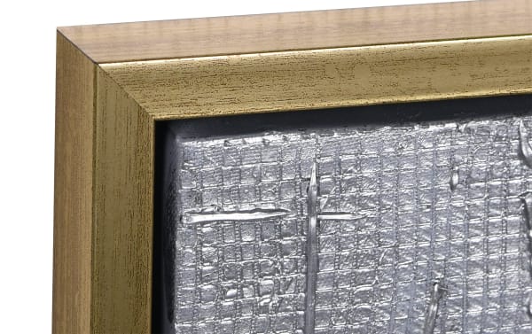 Contemporary 100% handpainted abstract framed art with textured silver canvas and gold glitter accents, set in a wood PS frame.