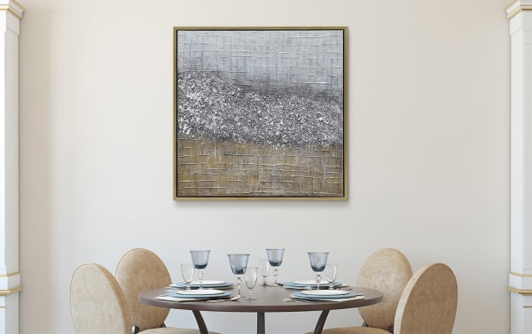 Contemporary 100% handpainted abstract framed art on canvas with silver and gold textured paint, glitter embellishment, wood and PS frame.