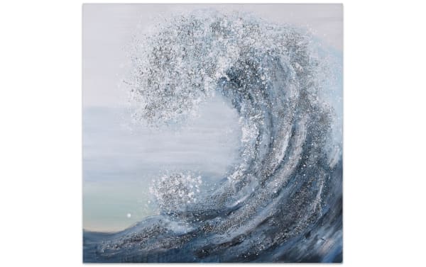 Contemporary 100% handpainted blue wave art canvas on wood with PS frame, featuring textured metallic silver and blue ocean wave design.