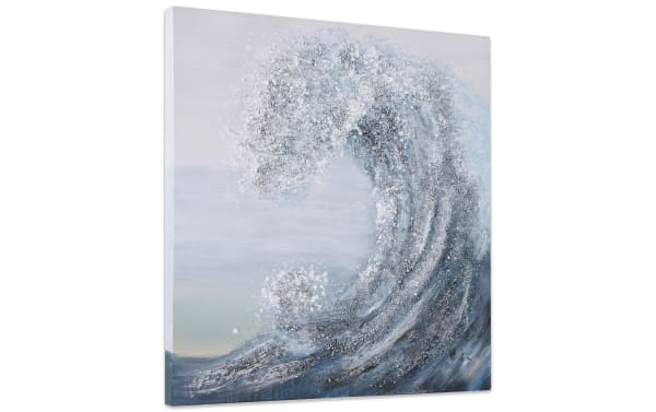 Contemporary 100% handpainted blue wave art canvas with 3D silver accents, on wood frame with PS edges, ocean-inspired wall decor