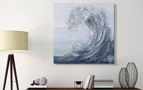 Contemporary 100% handpainted blue wave art canvas on wood frame with metallic blue and silver ocean wave, textured 3D effect, and easy wall installation.