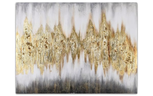 Contemporary 100% handpainted gold range art canvas with textured gold and silver abstract design, glitter embellishments, on wood frame.