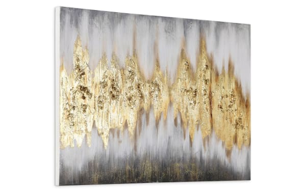 Contemporary 100% handpainted gold range art canvas with textured metallic gold and silver abstract design, glitter embellishment, on wood frame.