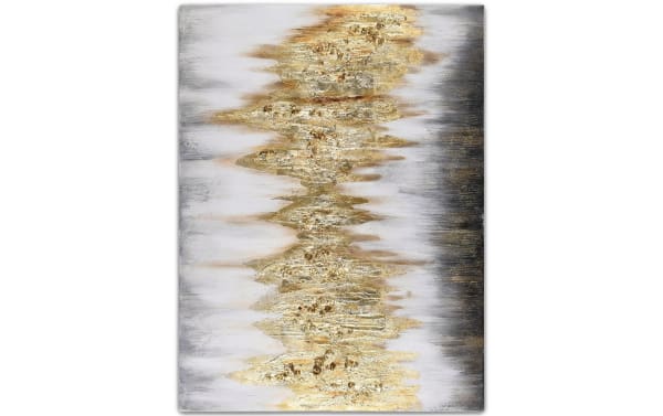 Contemporary 100% handpainted gold range art canvas with textured metallic gold and silver abstract design, glitter embellishments, on wood frame.