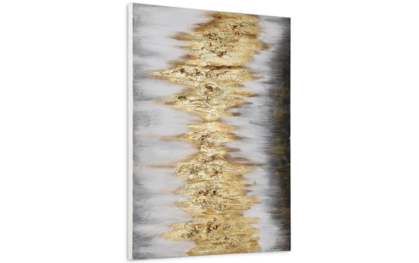 Contemporary 100% handpainted gold range art canvas with textured metallic gold and silver abstract design, glitter embellishment, wood frame.