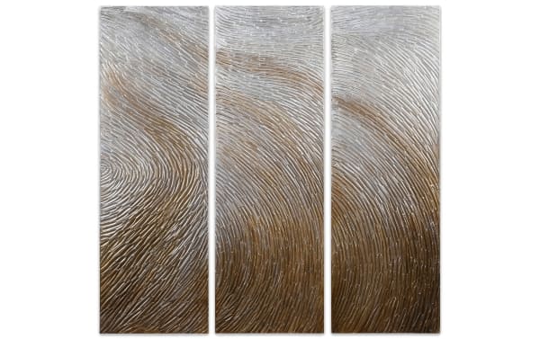 Set of 3 handpainted fingerprint art canvases in gold tones with abstract contemporary design on canvas, PS frame, and wood for modern wall decor.