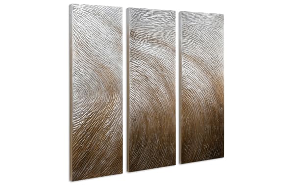 Set of 3 handpainted fingerprint art canvases in gold with textured abstract swirls, contemporary style on canvas with PS frame and wood backing.