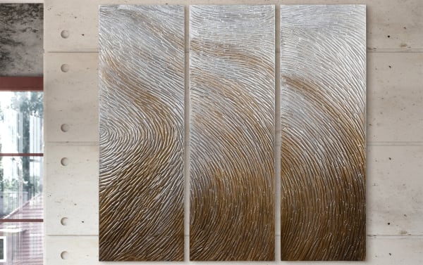 Set of 3 handpainted fingerprint art canvases in gold tones, featuring textured abstract swirls on canvas with PS frame and wood backing, contemporary style wall decor.