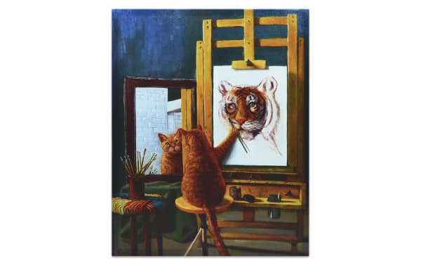 Contemporary Cat Portrait Canvas Giclee Gallery Wrap on solid fir wood, multicolored brown cat painting a tiger self-portrait, humorous wall art for home decor.