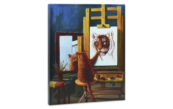 Contemporary Cat Portrait Canvas Giclee Gallery Wrap on solid fir wood, featuring a brown cat painting a tiger self-portrait, multicolored tones.