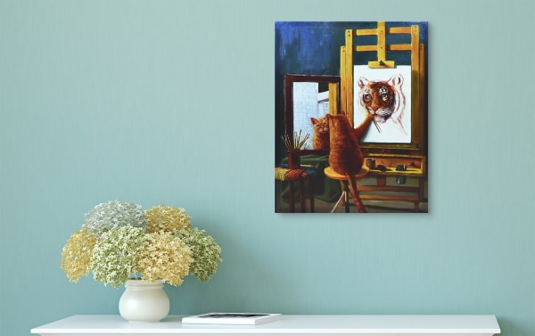 Contemporary Cat Portrait Canvas Giclee Gallery Wrap on wood, multicolored with brown cat painting a tiger self-portrait, humorous wall art.