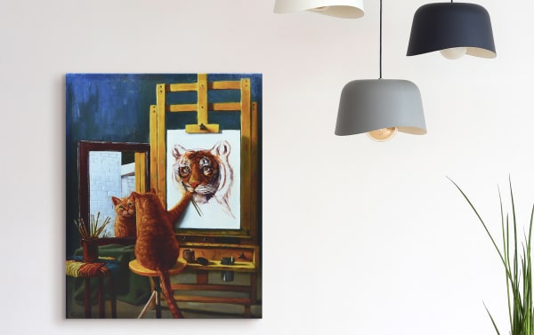Contemporary Cat Portrait Canvas Giclee Gallery Wrap on solid fir wood, featuring a brown cat painting a tiger self-portrait, multicolored design.