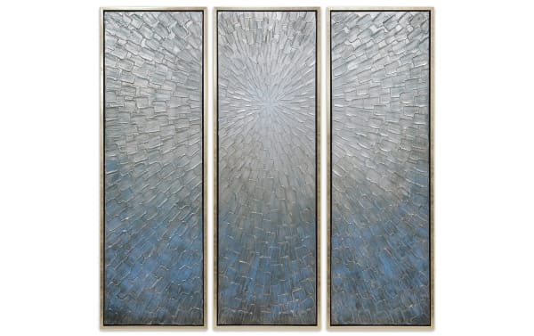 Set of 3 contemporary silver burst framed art canvases, handpainted on canvas with metallic accents, 3D texture, wood and PS frame